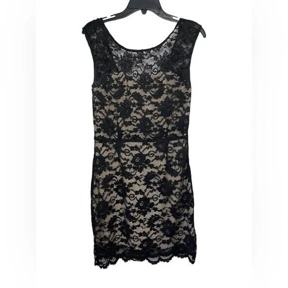 Love Stitch Lace Overlay Nude Lining Sleeveless Mini Dress Side Zipper Medium - Picture 4 of 12